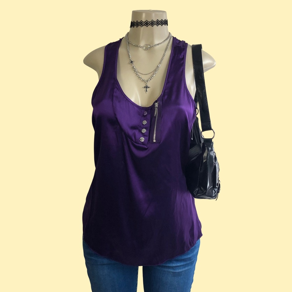 NWT Vintage Y2K Marciano Purple Silk Satin Tank Top Womens L Zipper Henley